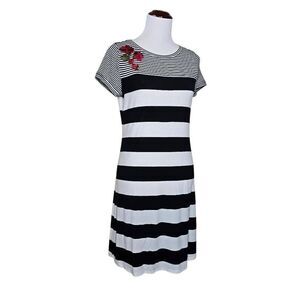 Calvin Klein Dress Medium Striped Floral Embroidered T-Shirt Dress Black White